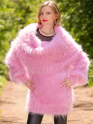 Pink Cowlneck Mohair Sweater Dress Hand Knitted Fluffy Tunic By SuperTanya L-XL • £274.29