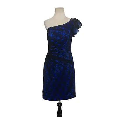 Mori Lee Black Lace Over Blue One Shoulder Party Dress Size 12 • $74