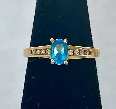 14k Gold Oval London Blue Topaz Ring W/ 8 Channel Diamonds Sz 6.75 Vintage • $244