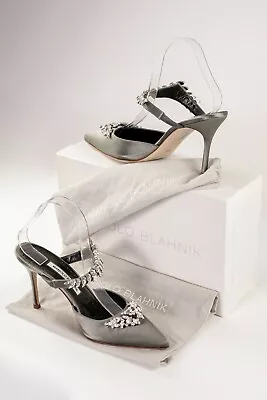 MANOLO BLAHNIK Lurum Mules. Satin Green Grey. UK 6/39.5 Jewels. Shoes. Heels • £379.99