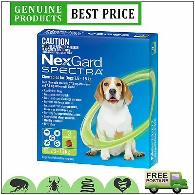 NEXGARD SPECTRA 3 Doses For Dogs Heartworm Flea Prevention 7.6 To 15 Kg GREEN • $67.92