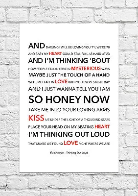 Ed Sheeran - Thinking Out Loud - Song Lyric Art Poster - A4 - Various Colours • £6.99