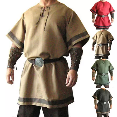 Men Medieval Renaissance Tunic Tops Shirt Viking Pirate Cosplay Costume Party UK • £17.95