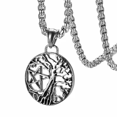 Stainless Steel Tree Of Life Pentacle Wicca Pentagram Star Pendant Necklace Men • $10.89