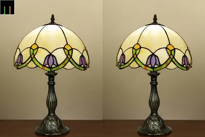 Pair Of 2 JT Tiffany Stained Glass Floral Style Bedside Table Lamps • $399.99