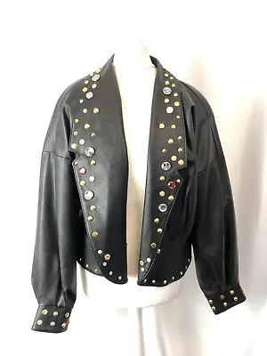 ASOS Black Faux Leather Jacket Size 12 Biker 80s Style Crop Studded BNWT E1435 • £35.19