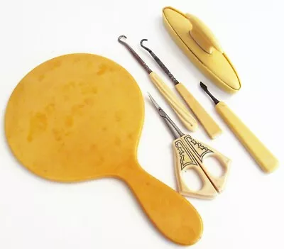 VTG Antique 1920 Art Deco 7 Piece Celluloid Vanity Set Mirror Scissors Buffer + • $18