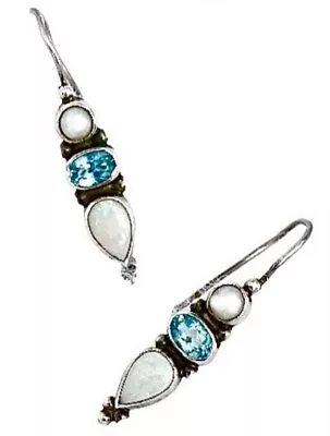 VINTAGE ARTISAN Sterling Silver OPAL-TOPAZ-PEARL Locking French Wire Earrings • $12