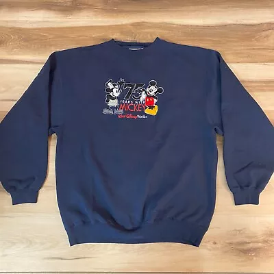 Vintage Disney Sweatshirt Mens Large 75 Years Mickey Mouse Navy Blue Crewneck • $26.95