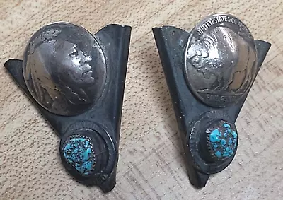 Vtg Native American Turquoise Silver Buffalo Nickle Collar Tips W/ Screw Back • $75