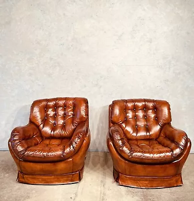 Pair Of Leather Egg Chairs Swedish 70 S Cognac Leather  Vintage Mid C Retro • £895