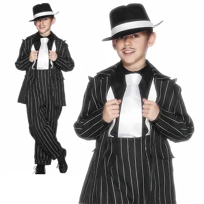 Boys Gangster Zoot Suit Costume Pinstripe Mafia Bugsy Malone Fancy Dress • £20.99