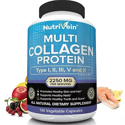 Nutrivein Multi Collagen Pills 2250mg - 180 Capsules - Hair Skin Nails Bones • $19.99