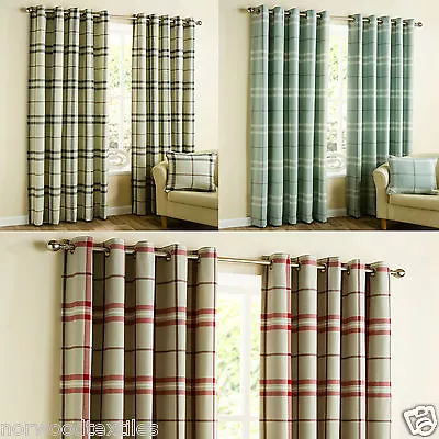 Lomond Tartan Check Stripe Natural Ready Made Eyelet Top Ring Top Curtains Pair • £43.99