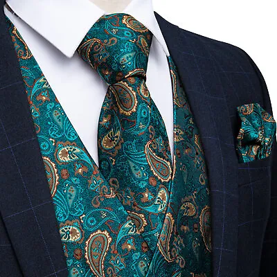 Mens Formal Wedding Waistcoat Paisley Floral Suit Vest Slim Tuxedo Silk Tie Set • $23.32