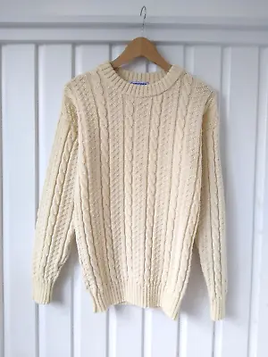 £39 • Buy Guernsey Wool Cable Knit Jumper Size S Cream Ivory Beige Crew Neck Long Sleeve