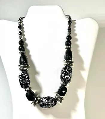 Stunning Black Wood Bead Necklace With Silver Discs And Beads Accents 18  Length • $9.99