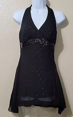 B. Darlin Black Sequin Embellished Halter Tank Top Shirt Sheer With Liner Sz 5/6 • $12.97