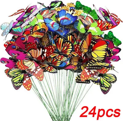 24X Fairy Garden Butterflies On Sticks Outdoor House Flower Pot Yard Ornament • £5.89