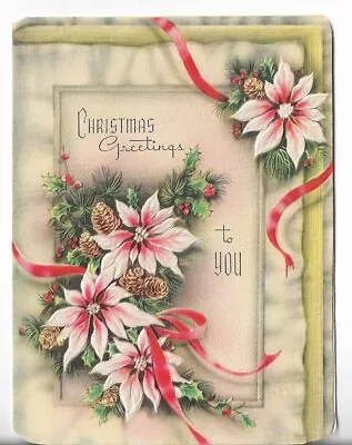 Used Vtg Christmas CARD-apx 4.25x5.5 Xmas Greetings To You Pink Poinsettias • $1.71