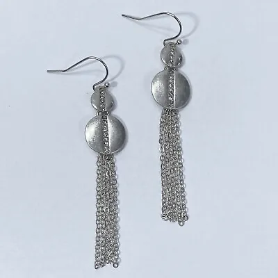 Matte Silver Finished Rhinestone Double Circle Chain Tassel Drop Dangle Earrings • $7.99