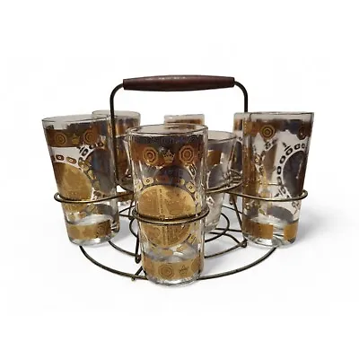 Vintage Vito Bari Cocktail Set 22k Gold Crest Glasses Ice Bucket Caddy Barware • $72.50