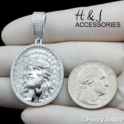 Men 925 Sterling Silver Icy Bling Cz Jesus Face Oval Shape Silver Pendant*asp385 • $49.99