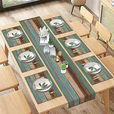 Farmhouse Table Runner And Placemats Set Of 6 Blue Teal Green Board Painting  • £24.08