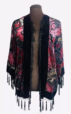 💜Gypsy Black Velvet W/Floral Burnout Beading Tassels Kimono Cardigan L💜 • $89.99