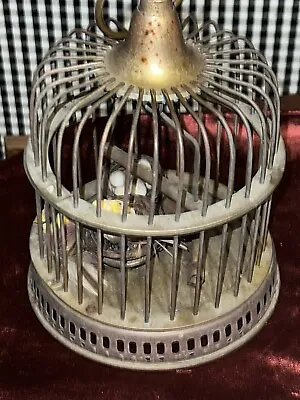 Vintage Solid Brass Bird Cage Perch Made In India 10x 7 Inches With Yellow Birds • $49.50