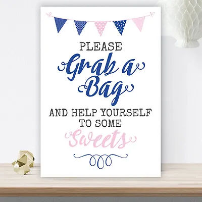 Pink & Blue Bunting Grab A Bag Candy Buffet Sweet Table Cart Sign Wedding (PBB2) • £4.40