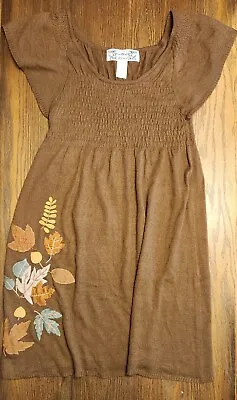 Tiara Womens Sweater Dress Large - Knit Brown - Flutter Sleeve - Appliqué Leaves • £23.74
