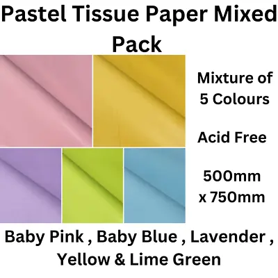 5 Coloured Wrapping Pastel Mixed Tissue Paper 5 Colours  Hampers 500mm X 750mm  • £3.04