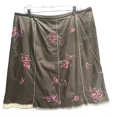 J Jill Womens Embroidered Floral Midi Skirt Size 18 Brown Pink Lined Lace Hem • $20.92