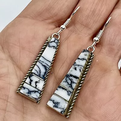 Navajo White Buffalo Turquoise Inlay Earrings Dangle Sterling 2  By A Norton • $81.94