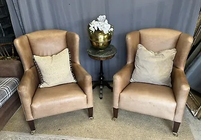 Pair Of Tan Leather Armchairs Modern Club Chairs On Castors  • £550