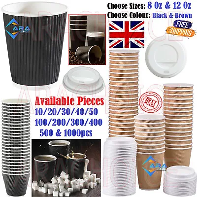 8/12/16oz Disposable Coffee Cups Ripple Paper Cups For Hot & Cold Drink 10-100x • £4.45