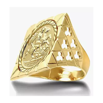 9ct Clubs Clovers Square Top St George & Dragon Medallion Ring (Full Sov Size) • £670