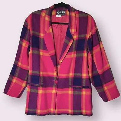 Vintage Pink Plaid Preppy Coat Wool Blazer Button Jacket Oversized Fit Medium • $49.99