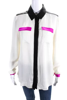 Milly Womens Silk Colorblock Buttoned Long Sleeve Collared Top White Size 6 • $42.69