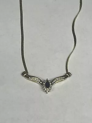 $150 • Buy Estate 10kYellow Gold V-Shape Sapphire Diamond Necklace Herringbone Chain