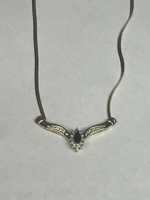 $150 • Buy Estate 10kYellow Gold V-Shape Sapphire Diamond Necklace Herringbone Chain