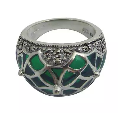 Ring With Green Enamel & Marcasite 925 Sterling Silver Hallmarked By • £127.20