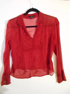 E.C.I. New York Red V Neck Medium Silk Semi Sheer Beaded Embroidered Blouse • $13.96