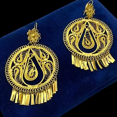 Antique Vintage Art Deco 14k Gold Plated Mughal Wedding Filigree Earrings 26.5g • $125