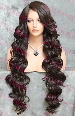 Dark Brown Extra Long Full Curly Heat Safe Lace Front Human Hair Blend Wig EVEZ • $92.85