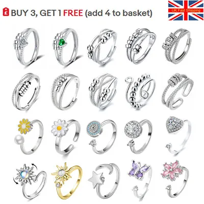 Unisex Adjustable Anti Anxiety Rings Silver Stress Relief Spinning Fidget Ring • £4.25
