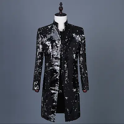 Men's Stylish Sequin Blazer Singer DJ Stage Festival Host Long Suit Coat Jacket • $143.58