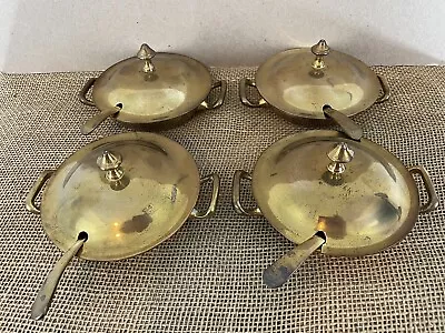 Set Of 4 Solid Brass Soup Tureen Bowls With Lids Spoons (4) • $250