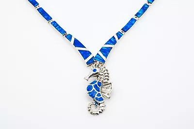 Blue Fire Opal Necklace Earrings Bracelet Jewelry Set Sterling Silver Seahorses • $335.50